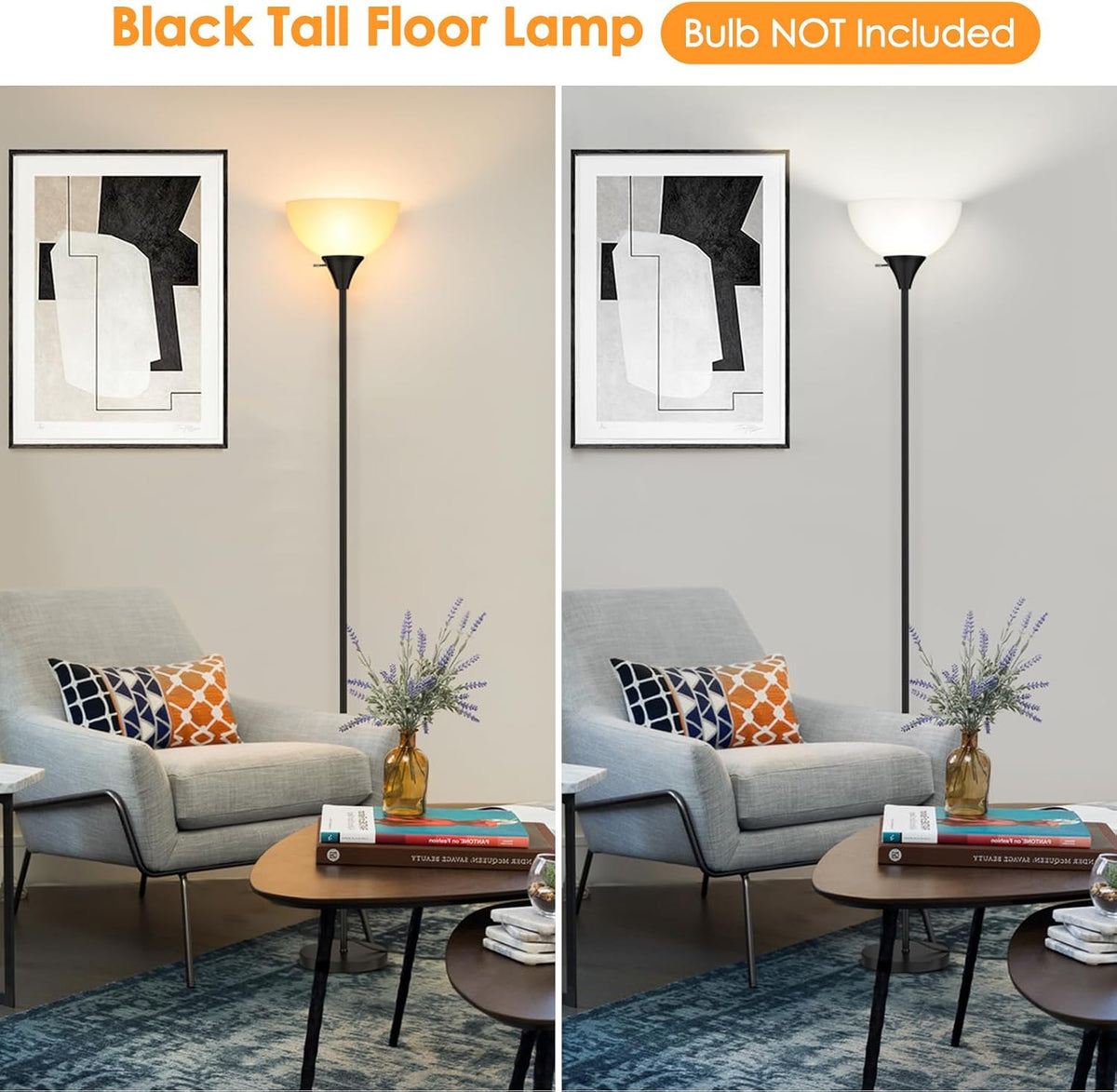 Coucrek Floor Lamp, LED Standing Lamps with White Plastic Shade, Black Modern Torchiere Floor Lamp, Tall Lamps for Living Room Dorm, Bulb not Included