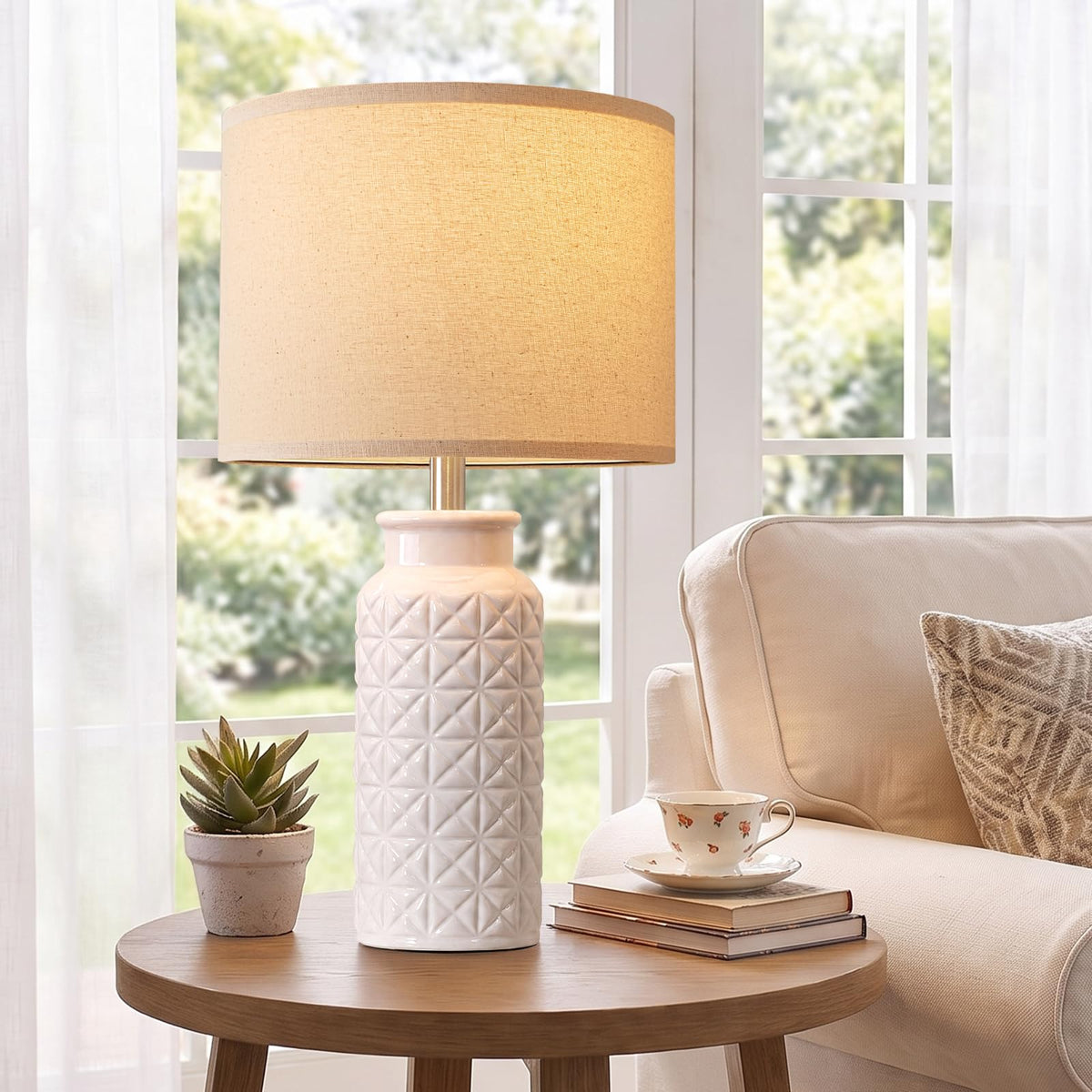 Innqoo 22.6" Modern Ceramic Bedside Lamps Set of 2, Lamps for Bedroom,White