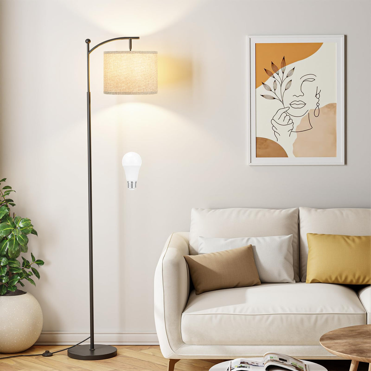 Ambimall 60" Floor Lamp with 3 Color Temperatures, Adjustable White Shade, Black Pole - Tall Lamp for Living Room, Bedroom, Office, Classroom, Dorm - 9W Bulb Included