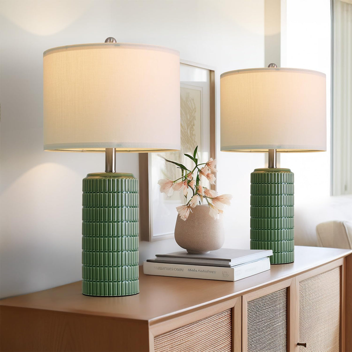 PoKat 23" Modern Ceramic Table Lamp Set of 2 for Living Room Bedroom, White
