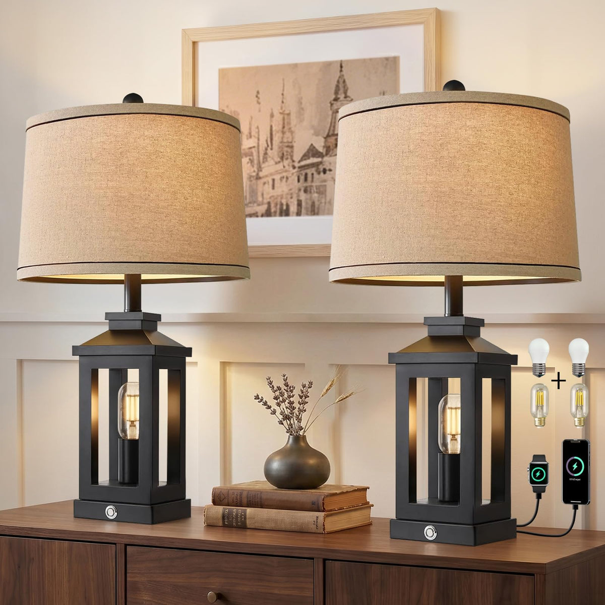 23.75" Retro Farmhouse Black Table Lamp for Living Room Bedroom Nightstand