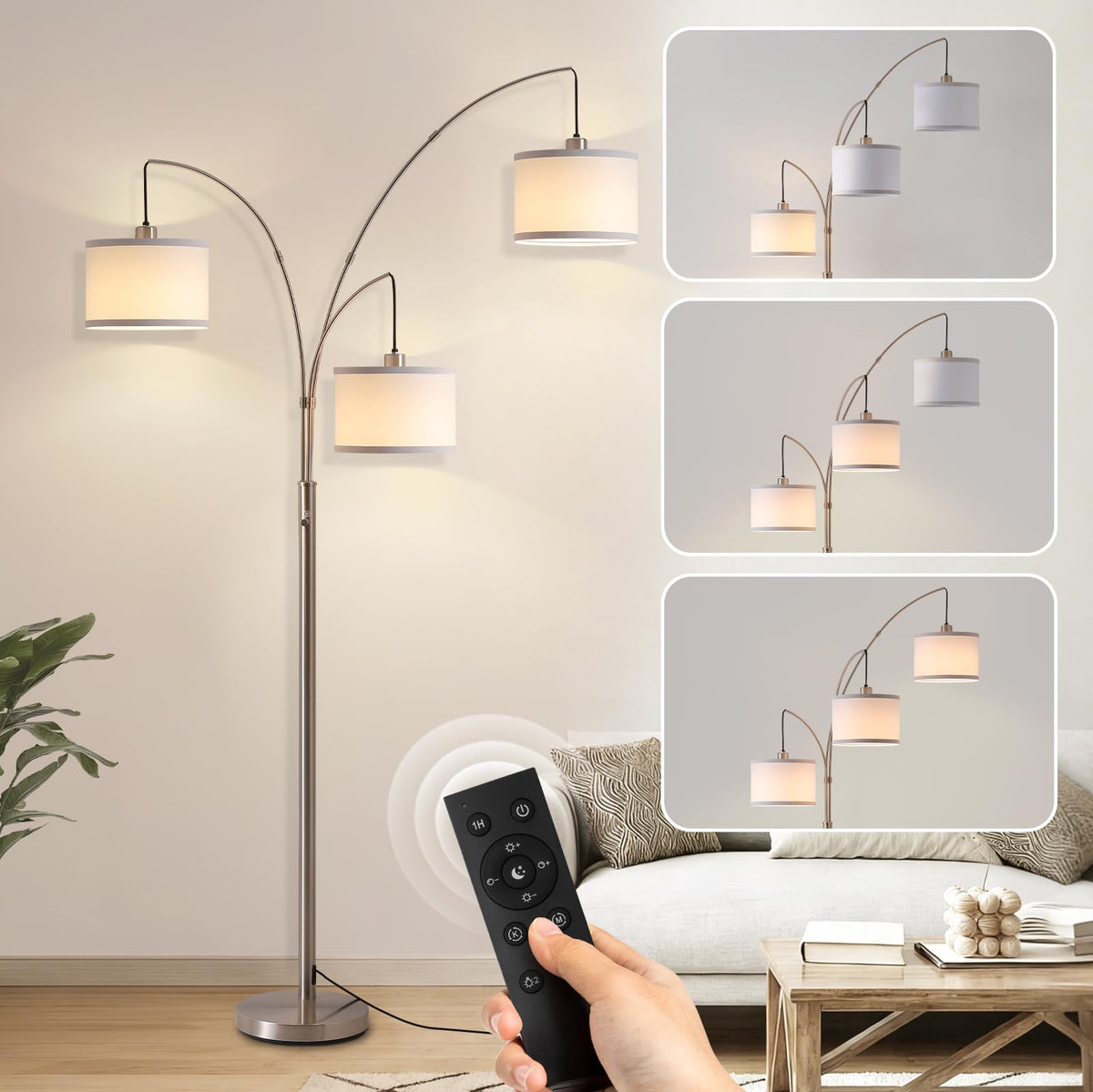 3 Light Arc Floor Lamp with Remote, Beige Shade Black Pole