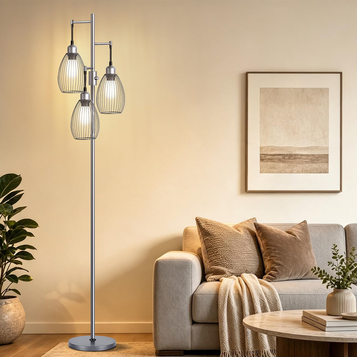Dimmable Floor Lamp, 3 x 800LM LED Edison Bulbs Included, Farmhouse Industrial Floor Lamp Standing Tree Lamp with Elegant Teardrop Cage Tall Lamps for Living Room Bedroom Office Dining Room-Black