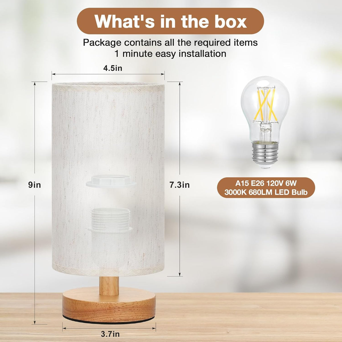 Fenmzee 9" Small Table Lamp for Bedroom - Inline Control with 3000K Bulb