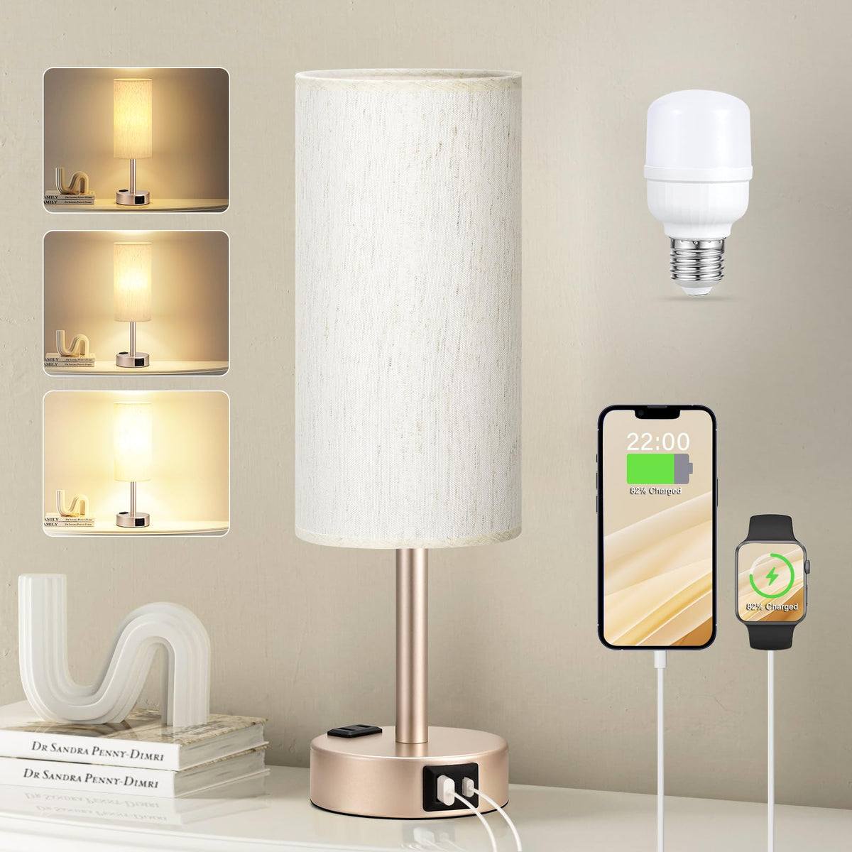 Fenmzee Bedside Table Lamp for Bedroom - Dimmable Touch, USB A+C, AC Outlet