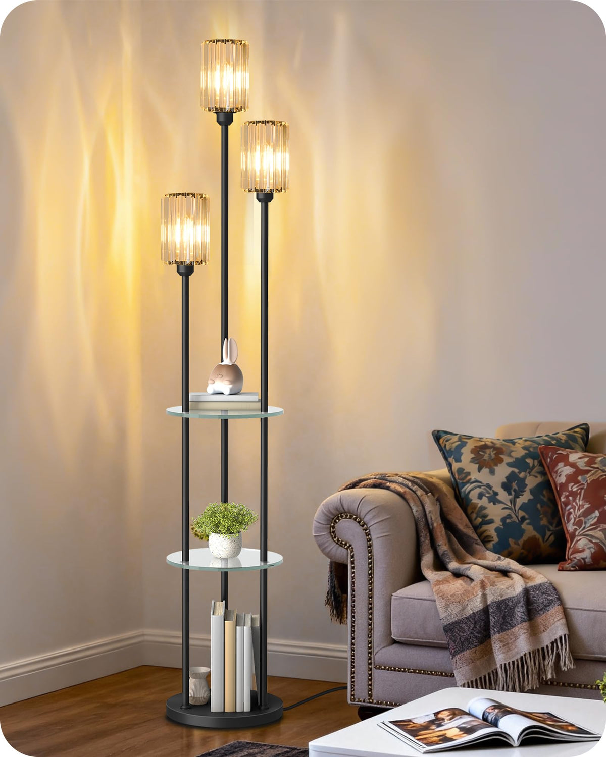 70.9" Floor Lamp with Shelves, Modern Floor Lamp with 3 Linen Shades and Foot Switch, 3-Light Standing Lamp, for Living Room, Bedroom, Study, Office, Rustic Brown and Beige EF53LD05