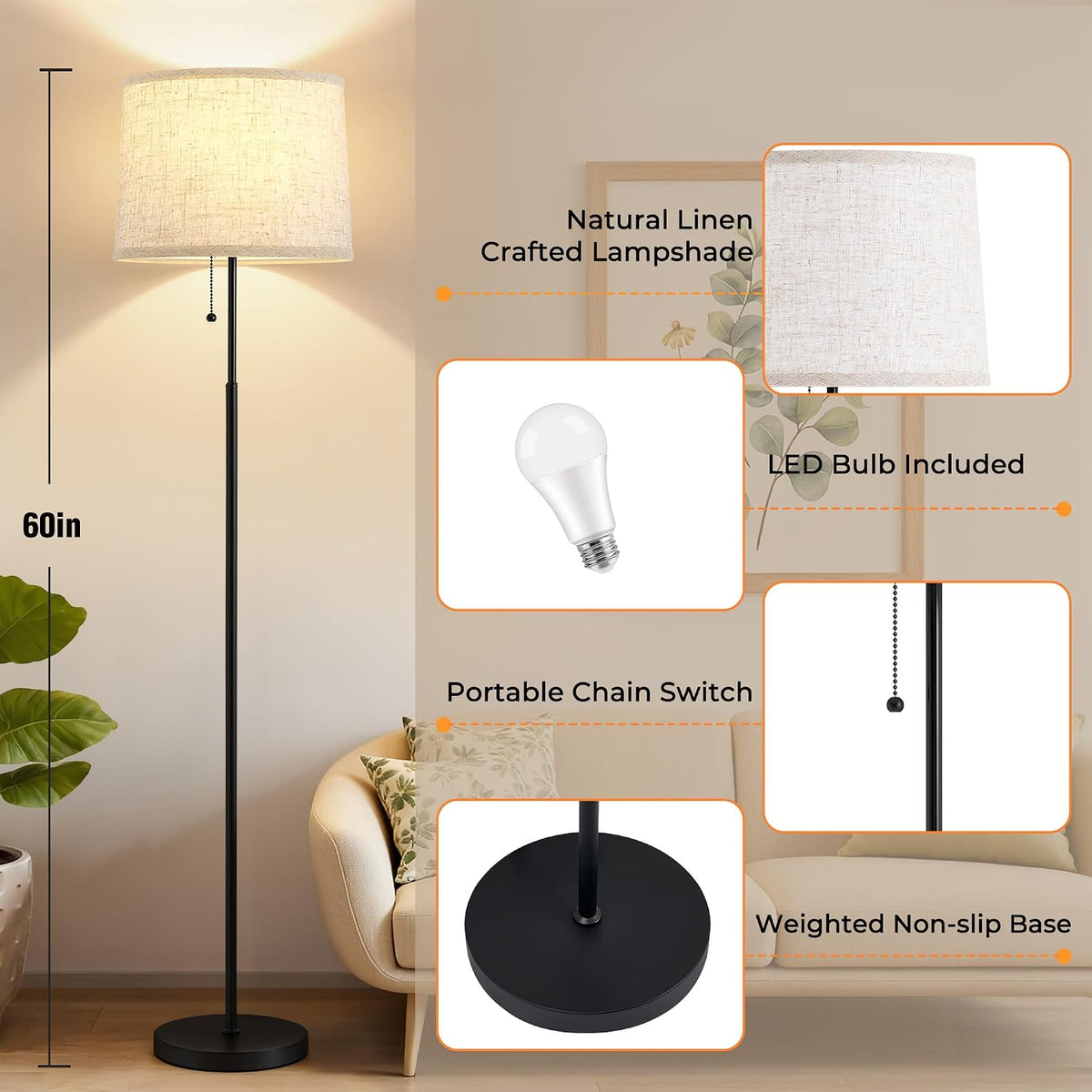 Floor Lamps for Living Room & Bedroom, 60" Modern Tall Standing Lamp, 3CCT