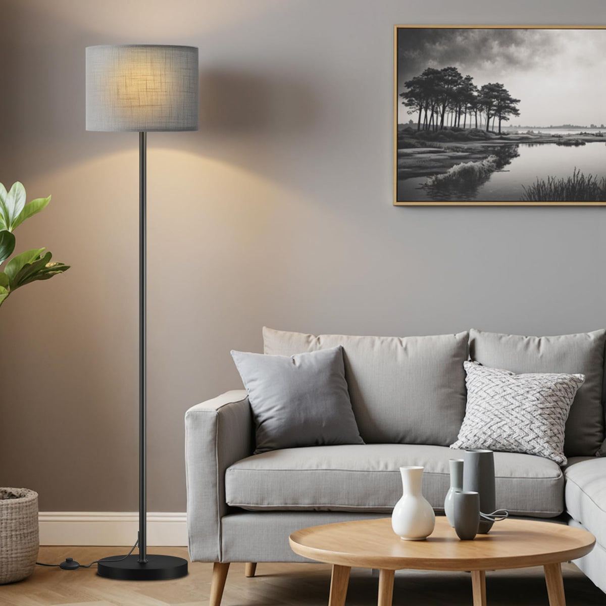 Ambimall 60'' Modern Floor Lamp with Shade, Tall Lamps for Living Room, Bedroom, Office, Dining Room, Beige Shade with Gold Pole(Without Bulb)