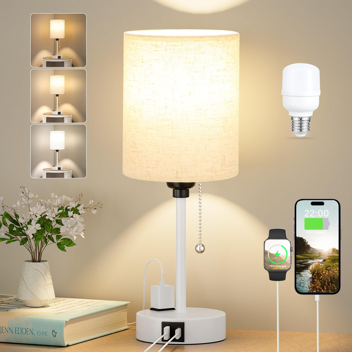 Dicoool Bedside Table Lamp for Bedroom - Small Desk Lamp with USB Ports