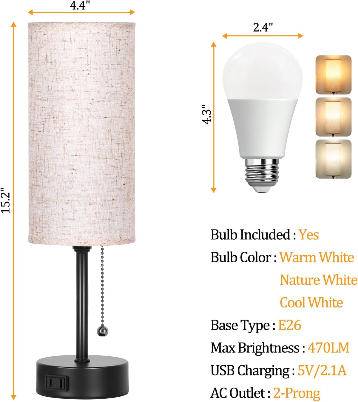 Bedside Table Lamp for Bedroom,Small Lamps for Night stands with Pull Chain