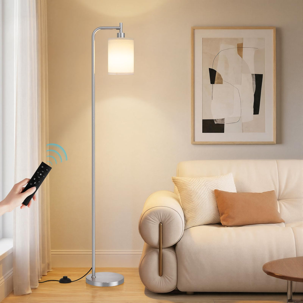Ziisee 64" Floor Lamp with Remote Control, Dimmable Tall Standing Lamps for Living Room Bedroom Office Corner, 9W LED Bulb Included, Foot Pedal Switch, Beige Shade Black Pole
