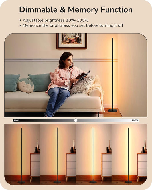 EDISHINE 59.84" LED Corner Floor Lamp, 3000K & Stepless Dimmable, Black