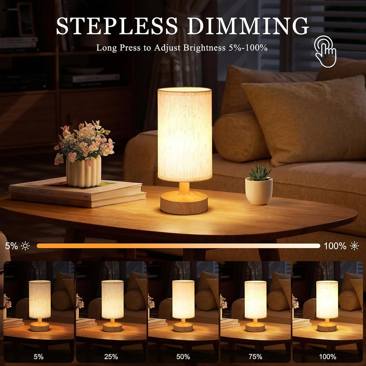 Kakanuo Cordless Table Lamp Rechargeable Small - 2 Pack Beige Wood, 4000mAh Battery Operated Lamp with Touch Control Stepless Dimming, Wireless Lamp for Bedside, Nightstand, Bedroom, Living Room