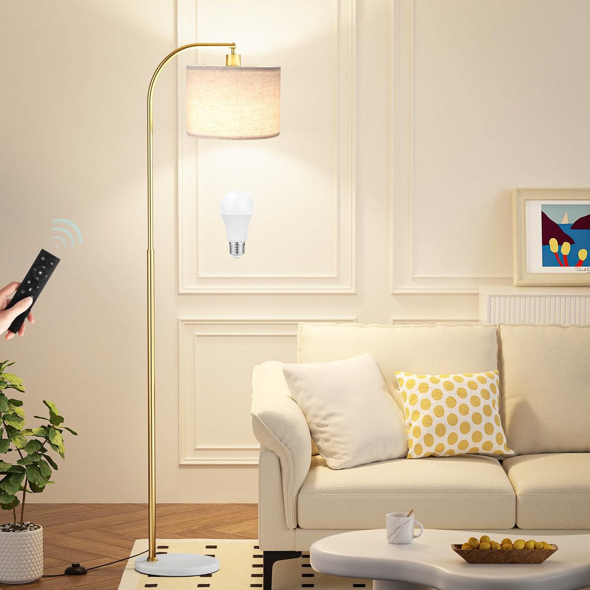 Ambimall Arc Floor Lamp with Remote and Stepless Dimmable Bulb, Colors Temperature & Brightness Adjustable, Gold Floor Lamps for Living Room(Deep Beige Shade & Gold Pole)