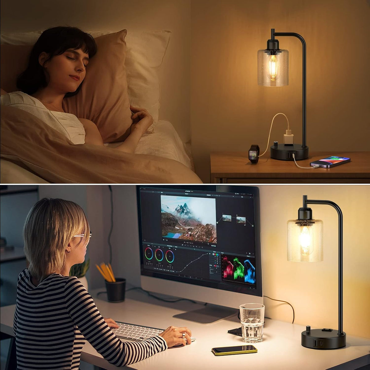 Industrial Bedside Lamps Set of 2, Fully Dimmable Desk Lamps for Bedroom