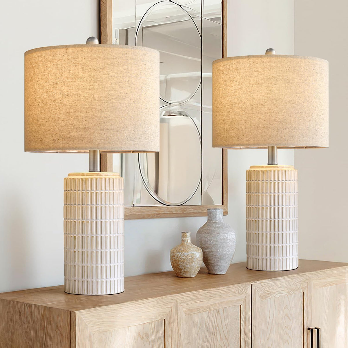 PoKat 20.75" Small Modern Ceramic Table Lamps Set of 2 for Bedroom, White