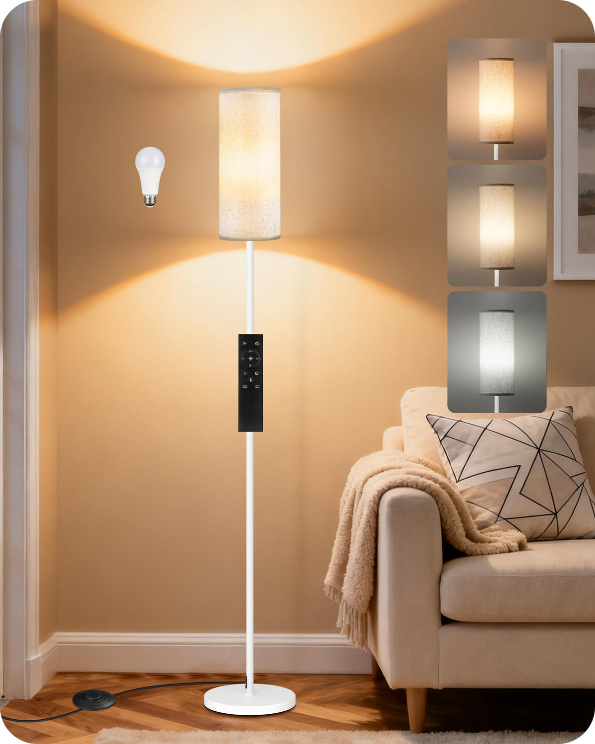 64.4” Slim Floor Lamp for Living Room with Magnetic Remote and Foot Switch, Dimmable Standing Tall Lamp Mood for Bedroom Nursery, 3 Color Temperatures, 1-Hour Timer,900LM Bulb Included,Beige E06LD05W1