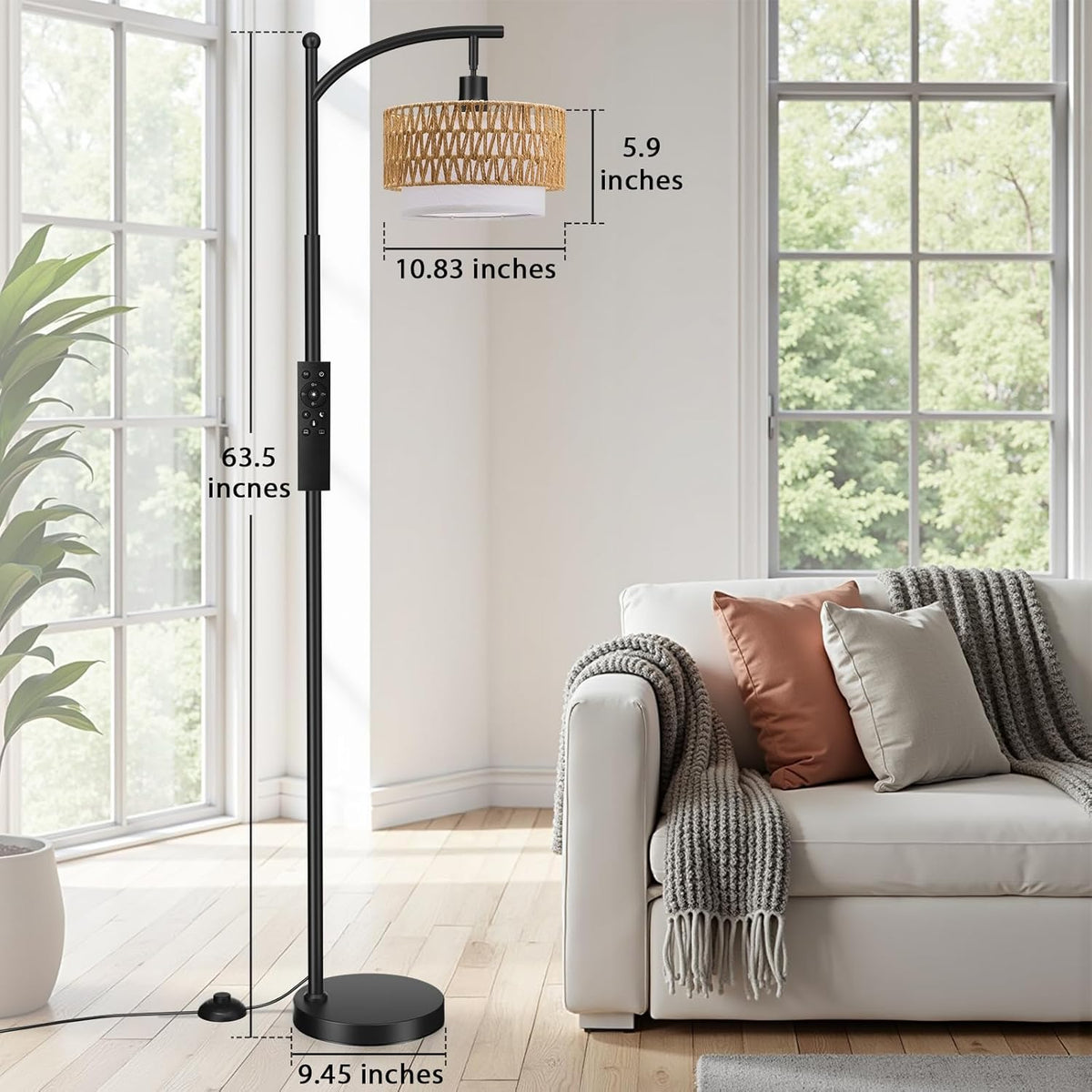 Ambimall Arc Floor Lamp with Remote & Rattan Double Shades, Black Rustic