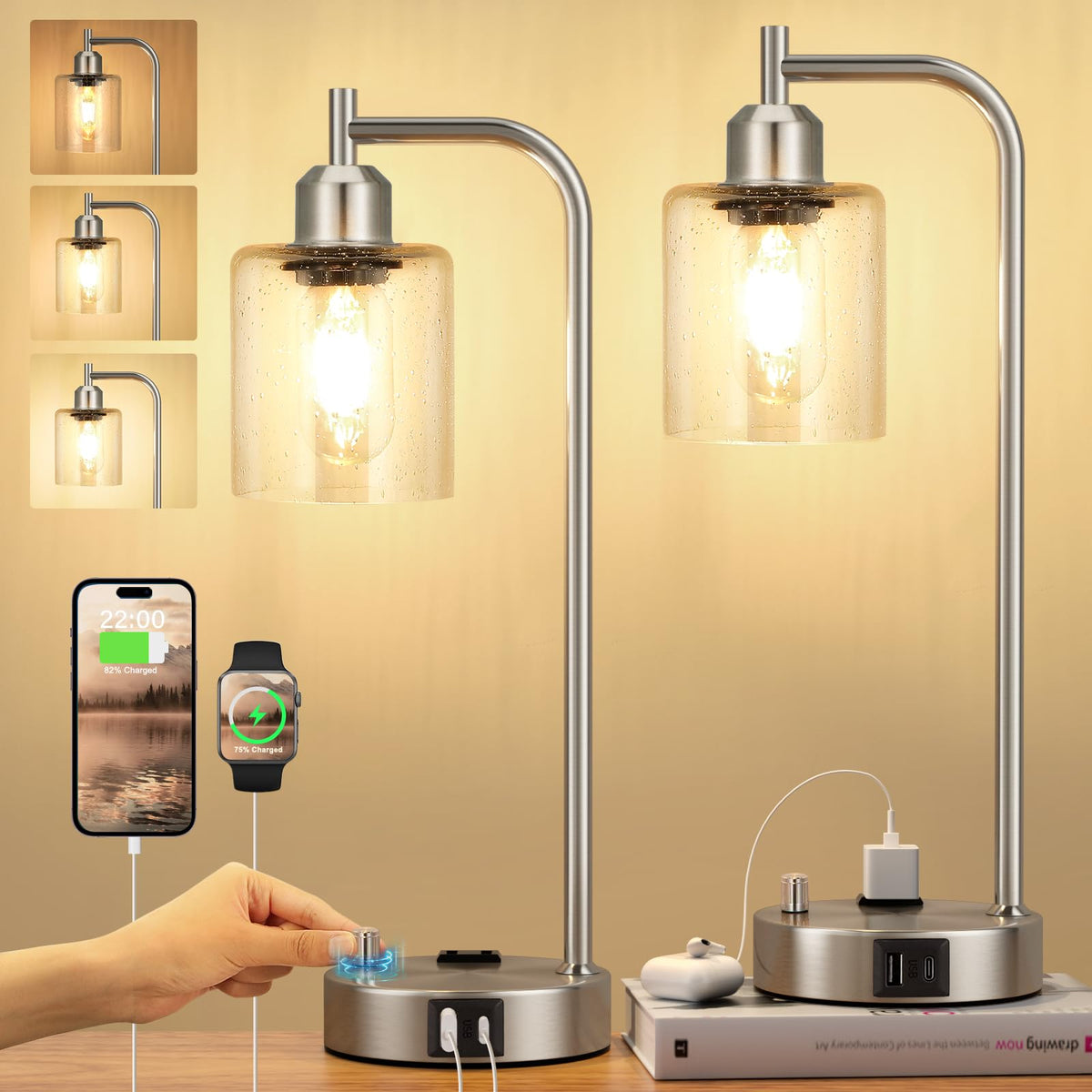 Industrial Bedside Lamps Set of 2, Fully Dimmable Desk Lamps for Bedroom