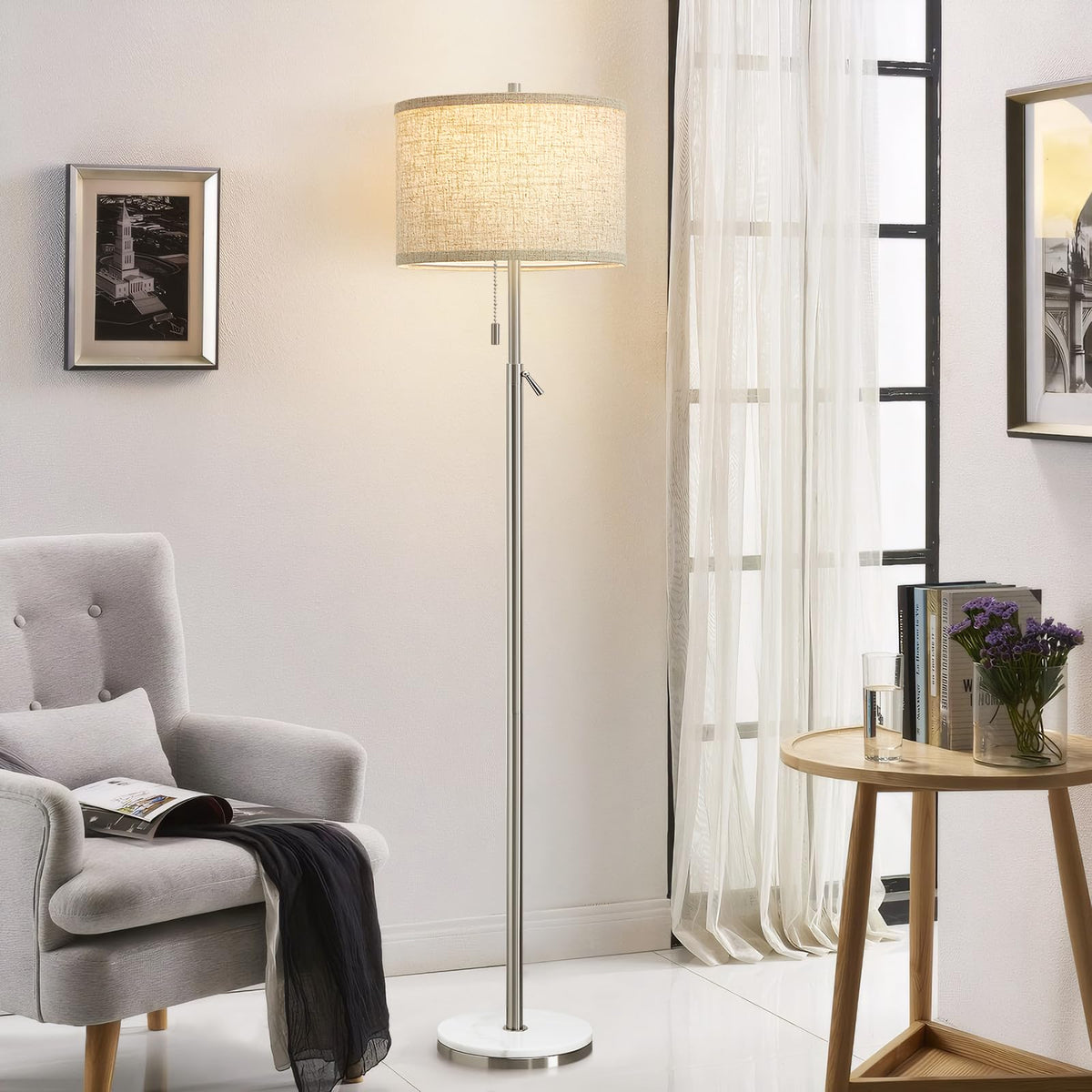 GyroVu Black Floor Lamp, Height Adjustable Standing Lamp Tall Lamp with Fabric Lampshade&Pull Chain Corner Floor Lamps for Living Room, Bedroom & Office Bulbs Not Included(Black Base)