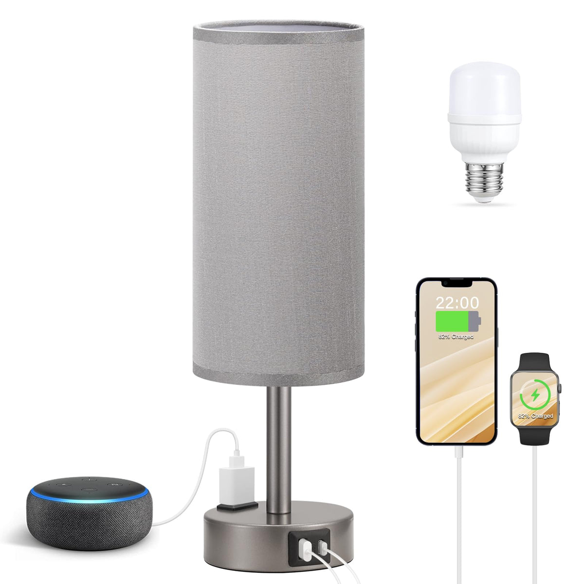 Fenmzee Bedside Table Lamp for Bedroom - Dimmable Touch, USB A+C, AC Outlet
