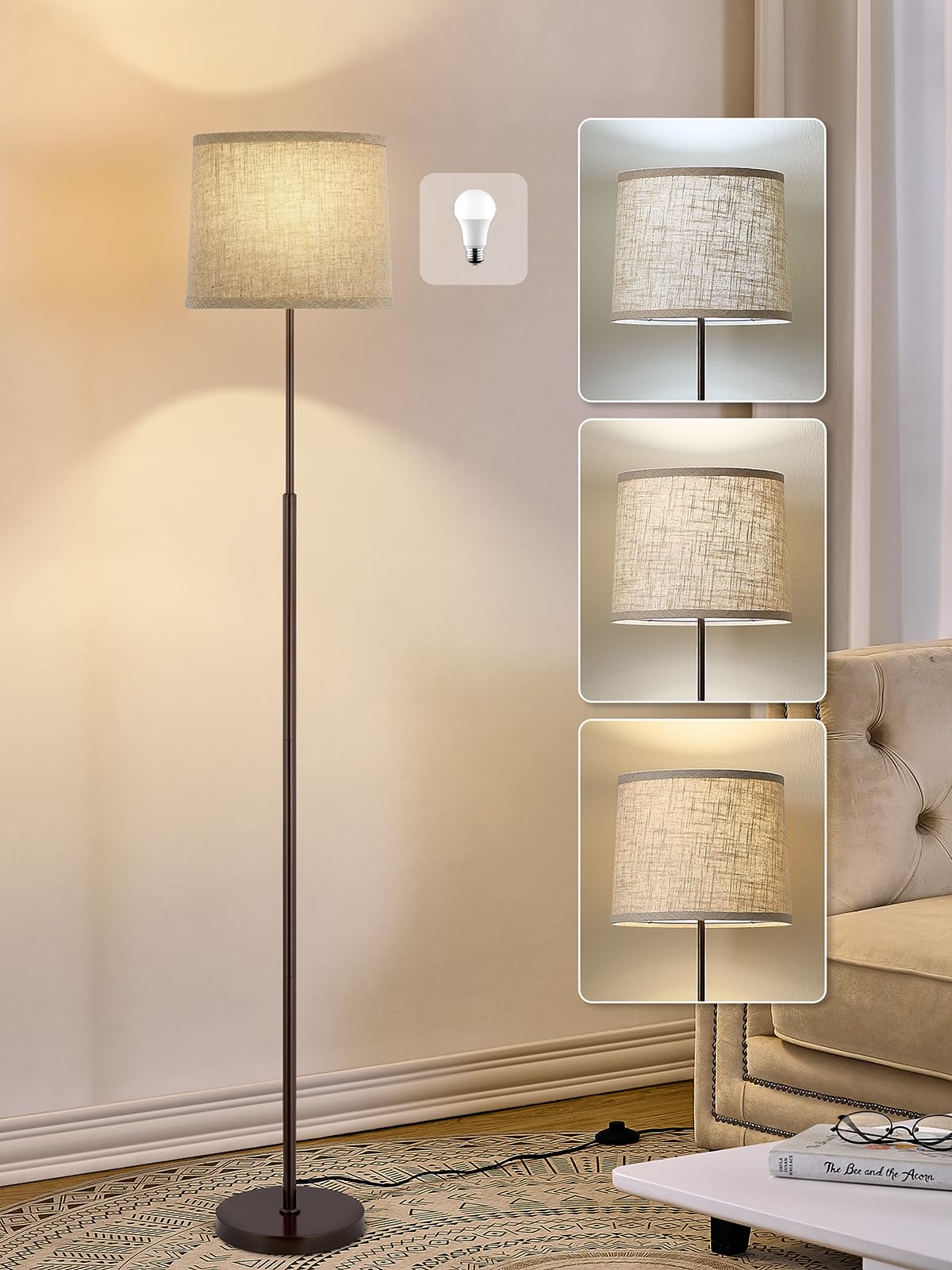 60" Modern Floor Lamp with Linen Shade, 3 Color LED Bulb & Foot Switch