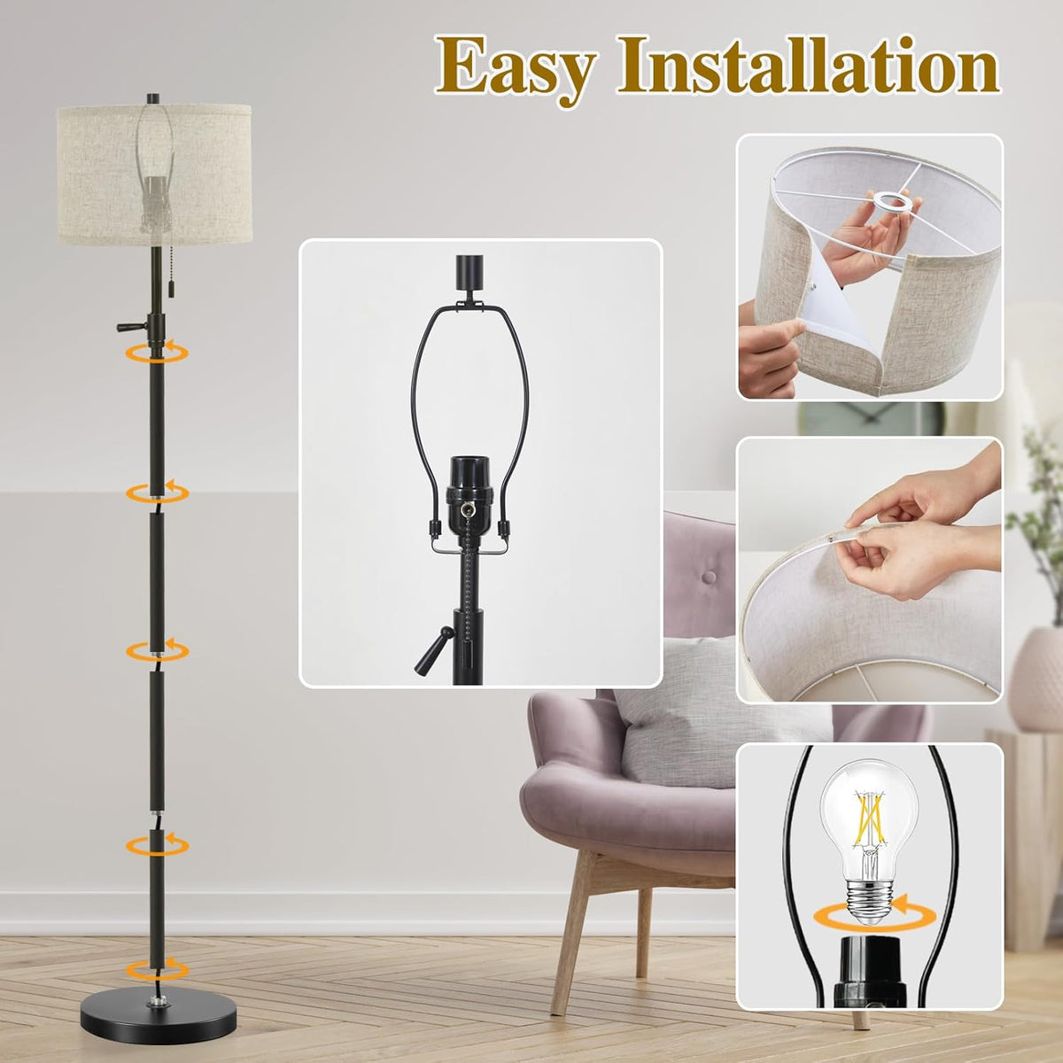 GyroVu Black Floor Lamp, Height Adjustable Standing Lamp Tall Lamp with Fabric Lampshade&Pull Chain Corner Floor Lamps for Living Room, Bedroom & Office Bulbs Not Included(Black Base)