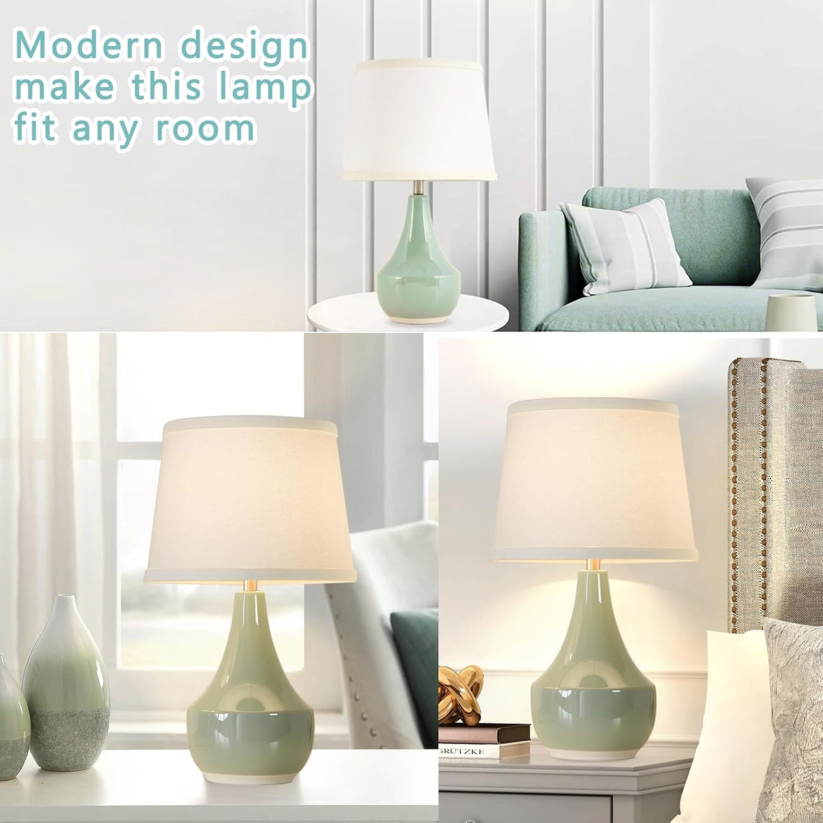 GyroVu 18" Table Lamp Set of 2, Ceramic Table Lamp Classic Beside Lamps Nightstand Lamp Modern Lamp for Living Room, Bedroom & Office Rocker Switch Sage Green-LED Bulbs Included