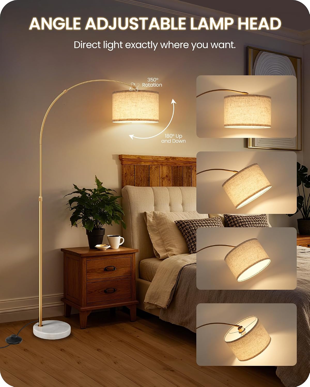 75" Dimmable Gold Arc Floor Lamp with Marble Base, Adjustable Height, Beige
