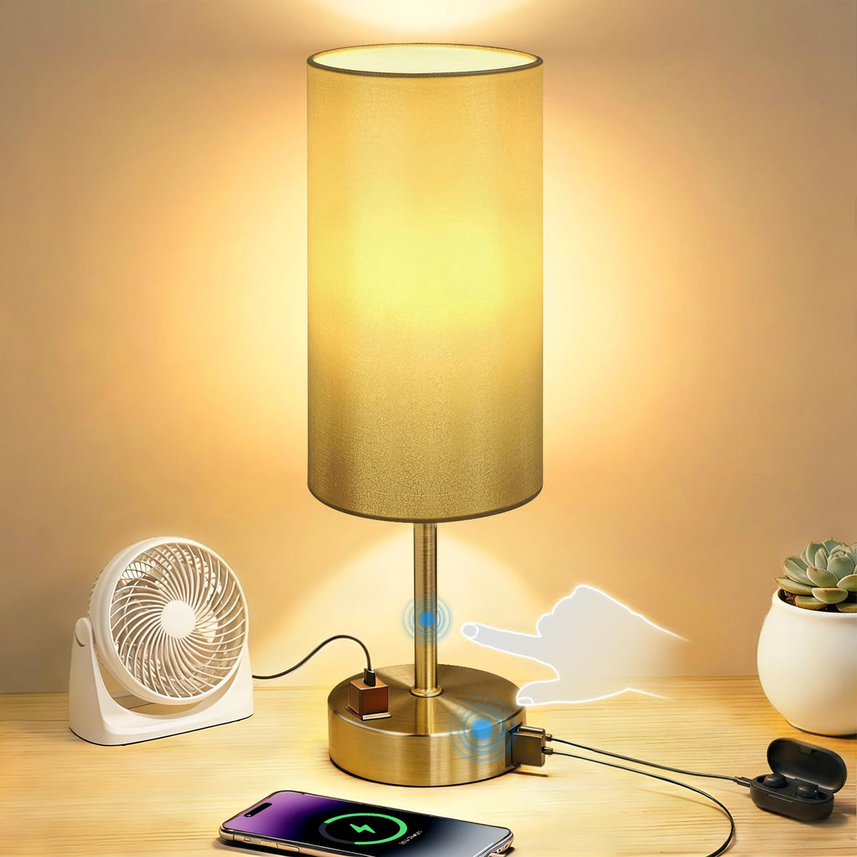Table Lamp for Bedroom, High-Sensitivity Touch, AC Outlet, USB A+C