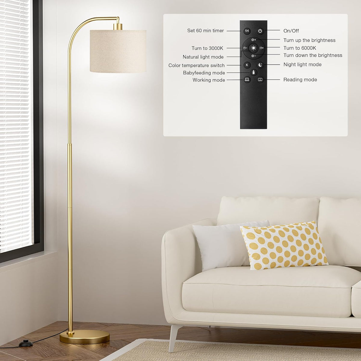 Ambimall Arc Floor Lamp with Remote and Stepless Dimmable Bulb, Colors Temperature & Brightness Adjustable, Gold Floor Lamps for Living Room(Deep Beige Shade & Gold Pole)