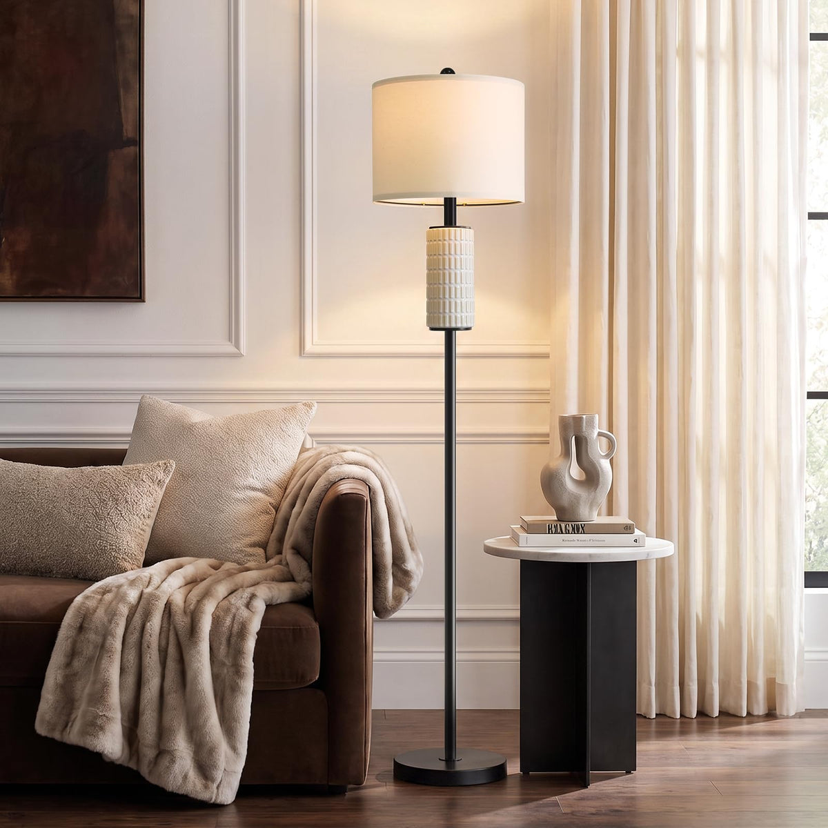PoKat 64'' Modern Floor Lamp for Living Room, Hand-Crafted Ceramic, Black