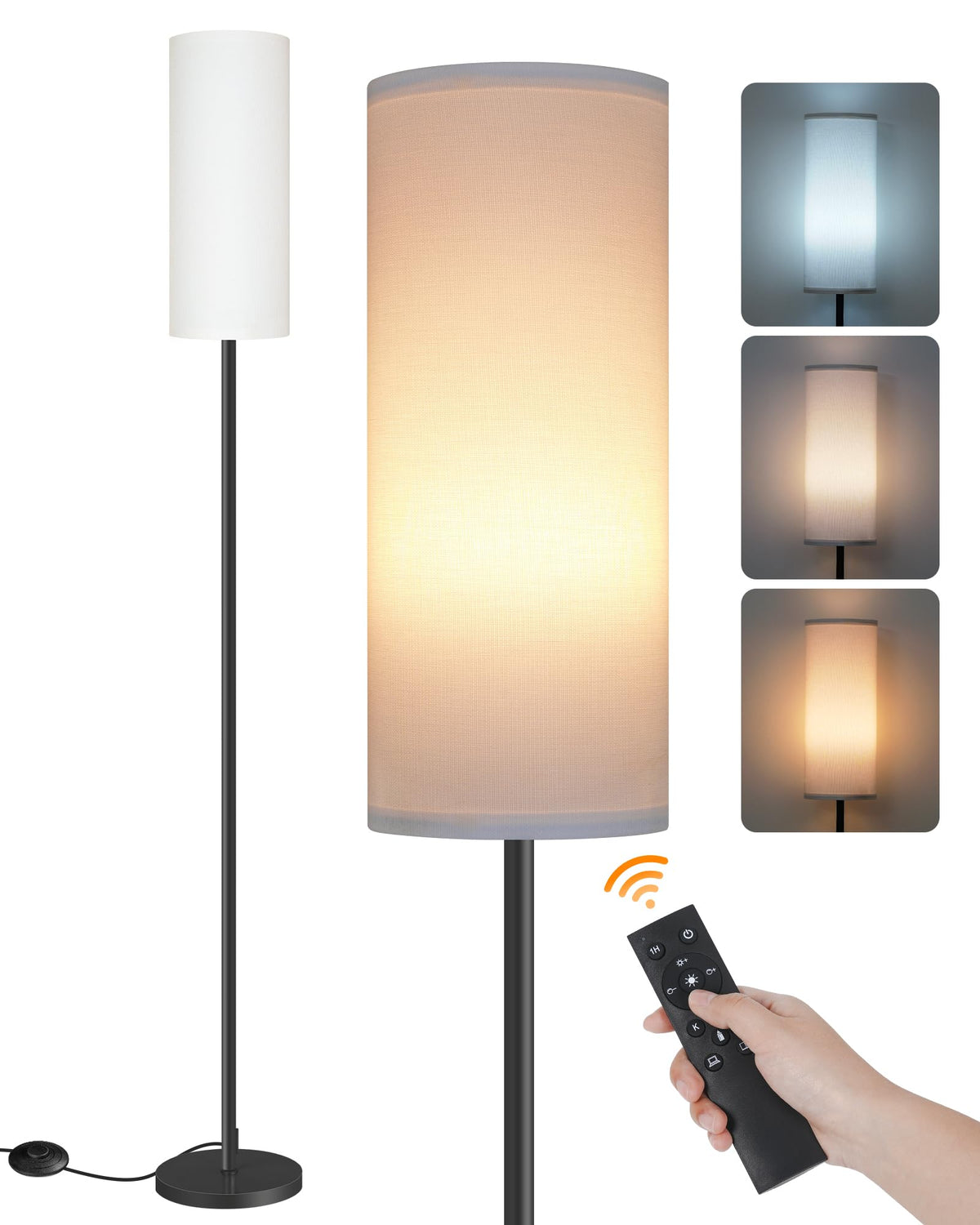 64.4” Slim Floor Lamp for Living Room with Magnetic Remote and Foot Switch, Dimmable Standing Tall Lamp Mood for Bedroom Nursery, 3 Color Temperatures, 1-Hour Timer,900LM Bulb Included,Beige E06LD05W1