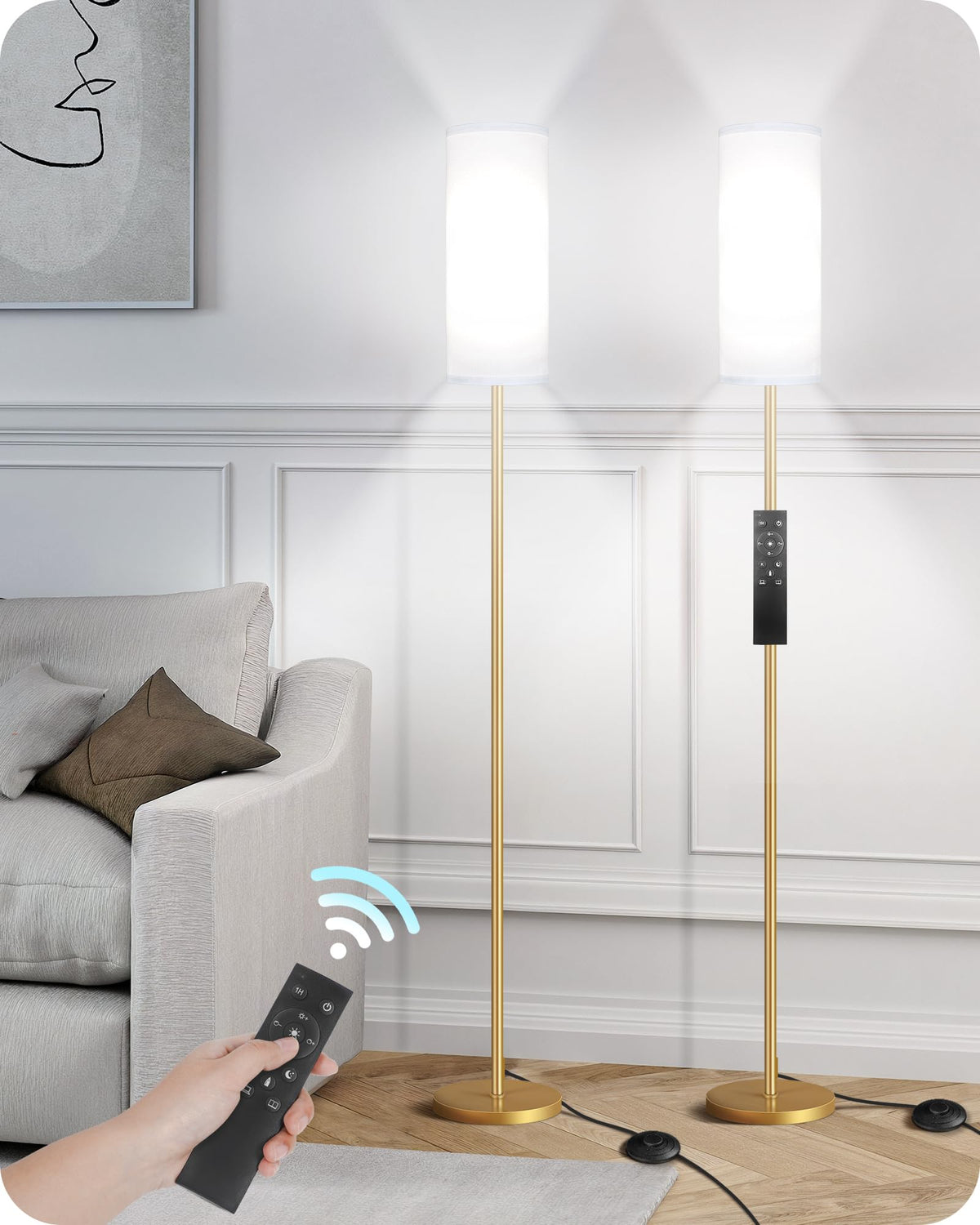 64.4” Slim Floor Lamp for Living Room with Magnetic Remote and Foot Switch, Dimmable Standing Tall Lamp Mood for Bedroom Nursery, 3 Color Temperatures, 1-Hour Timer,900LM Bulb Included,Beige E06LD05W1