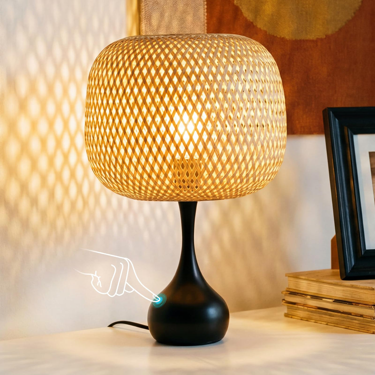 ONEWISH Touch Bedside Lamp, Farmhouse 3-Way Dimmable Table Lamps for Nightstand with Fabric Shade, 17.32'' Desk Lamp for Reading, Bedroom, Livingroom, Office, Corded