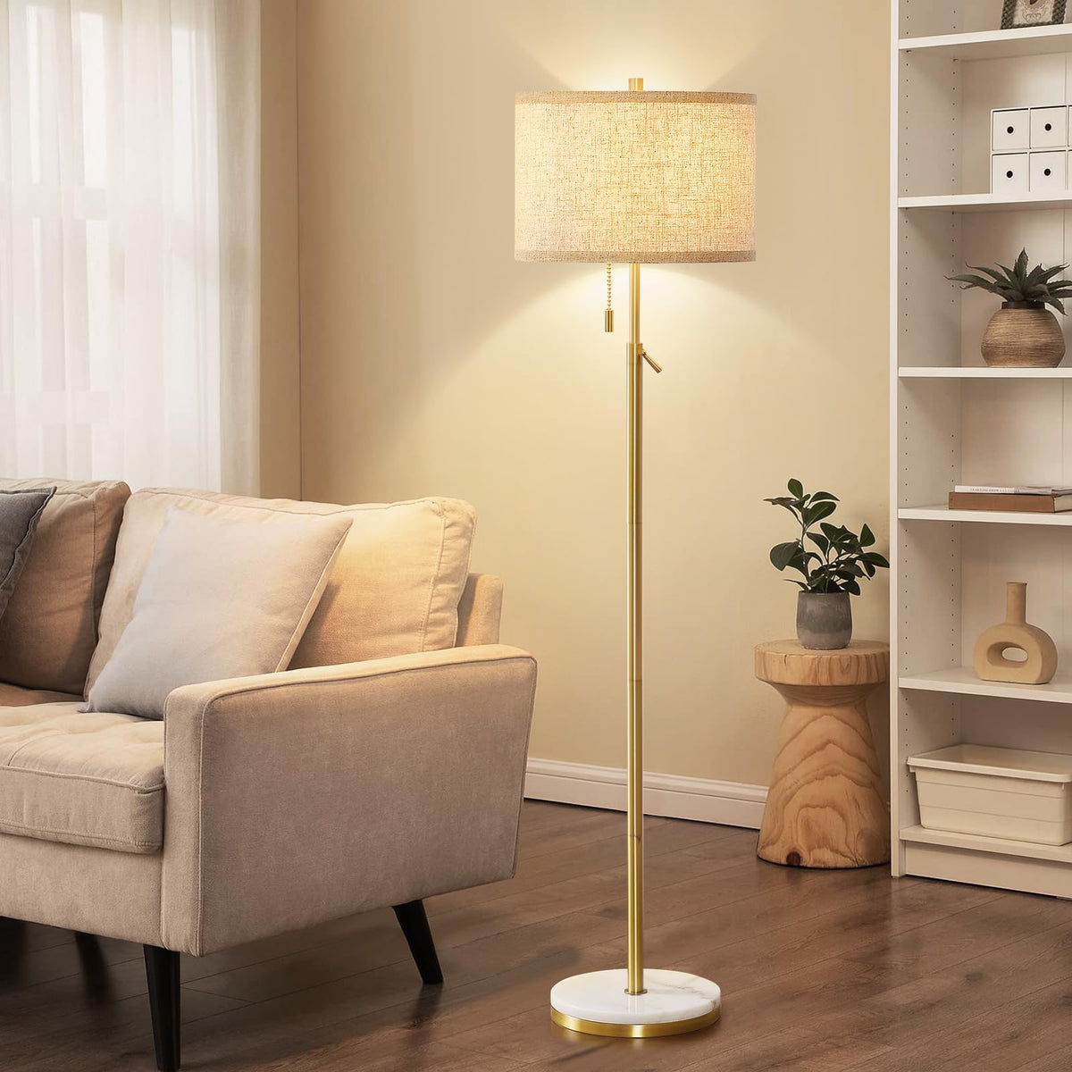 GyroVu Black Floor Lamp, Height Adjustable Standing Lamp Tall Lamp with Fabric Lampshade&Pull Chain Corner Floor Lamps for Living Room, Bedroom & Office Bulbs Not Included(Black Base)