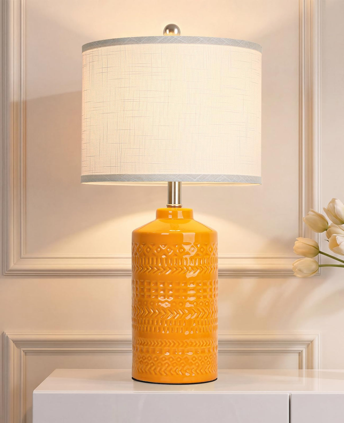 Modern Ceramic Table Lamp, 24.5" Living Room Lamps 3-Way Dimmable Gray Nightstand Lamp with White Shade|Tall Bedside Lamp Desk Decor Lamps for Bedrooms Farmhouse Office End Table Lamps(Bulb Included)