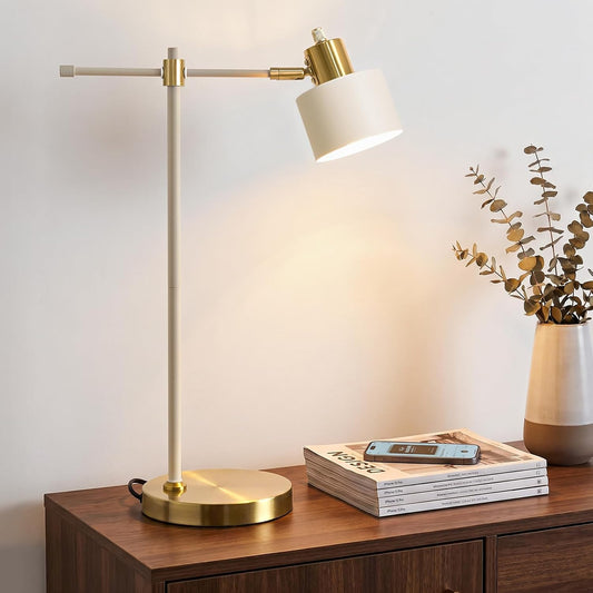 OYEARS 22.2" Modern Desk Lamp, Metal Table Lamp with LED Bulb, Adjustable Reading Lamps for Living Room, Mid Century Nightstand Lamp for Home Office, Industrial Bedside Lamps, Cream and Gold