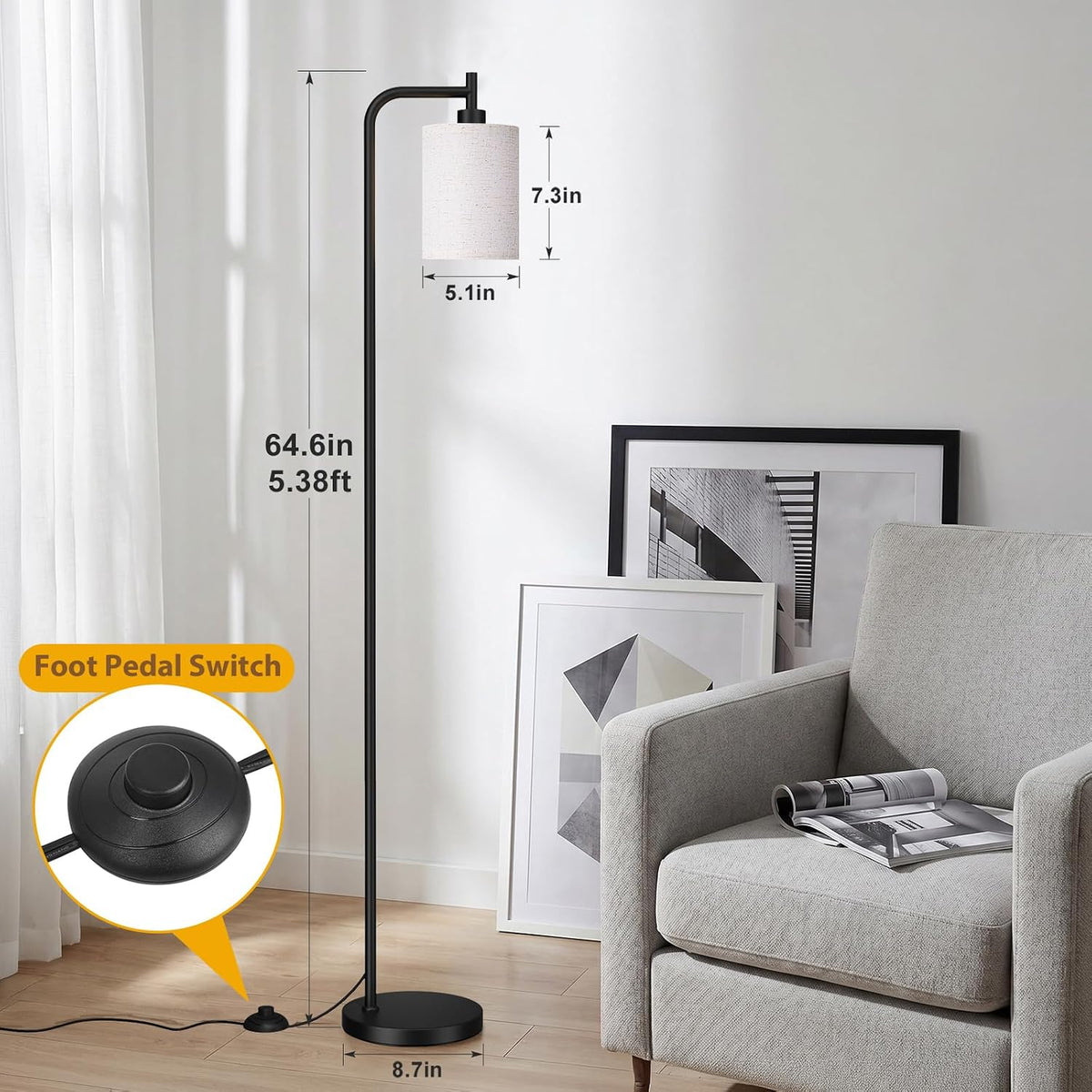 Ziisee 64" Floor Lamp with Remote Control, Dimmable Tall Standing Lamps for Living Room Bedroom Office Corner, 9W LED Bulb Included, Foot Pedal Switch, Beige Shade Black Pole