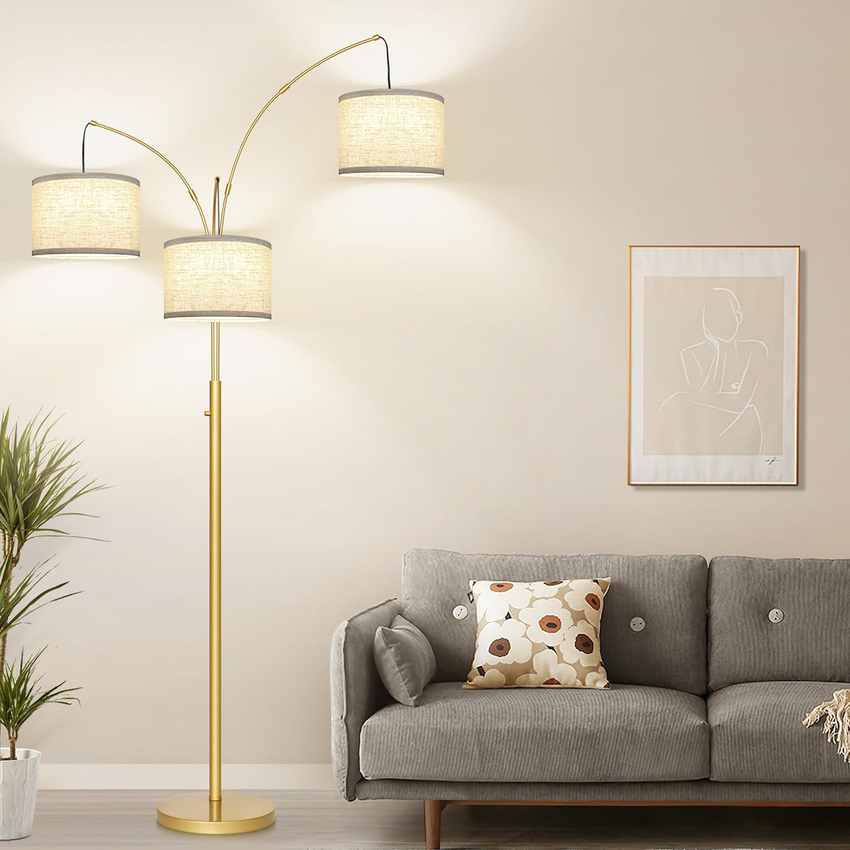 Dimmable Floor Lamp, 3 Lights Black Arc Floor Lamp, Modern Tall Standing Tree Lamp with Grey Linen Shades & Heavy Base, 3000LM LED Bulbs, Bright Lighting for Living Room, Bedroom, Office & Reading