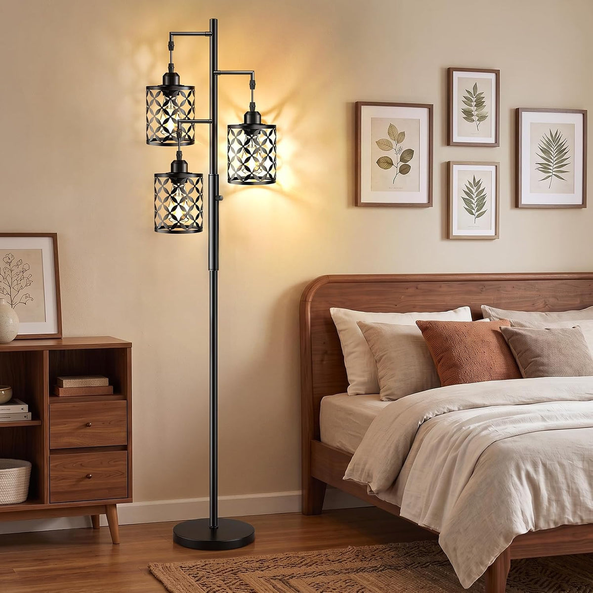 68" Industrial Tree Floor Lamp, Dimmable Farmhouse Tall Standing Lamp with Quatrefoil Cutout Shades & Rotary Dimmer Knob, Corner Light for Living Room Bedroom, 3 x800LM Bulbs Included-Black