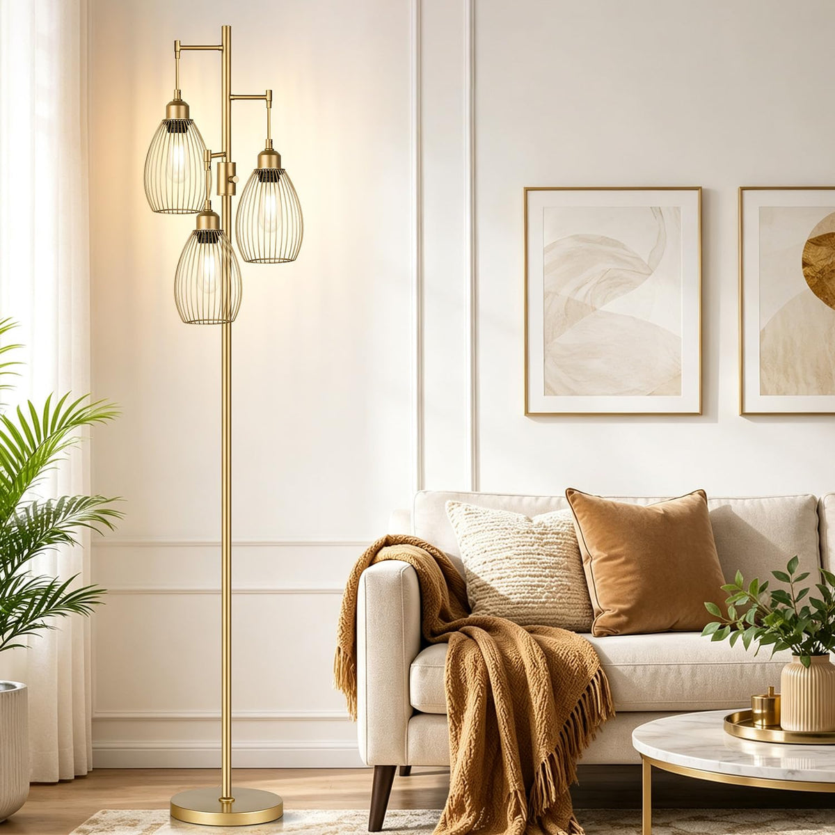 Dimmable Floor Lamp, 3 x 800LM LED Edison Bulbs Included, Farmhouse Industrial Floor Lamp Standing Tree Lamp with Elegant Teardrop Cage Tall Lamps for Living Room Bedroom Office Dining Room-Black