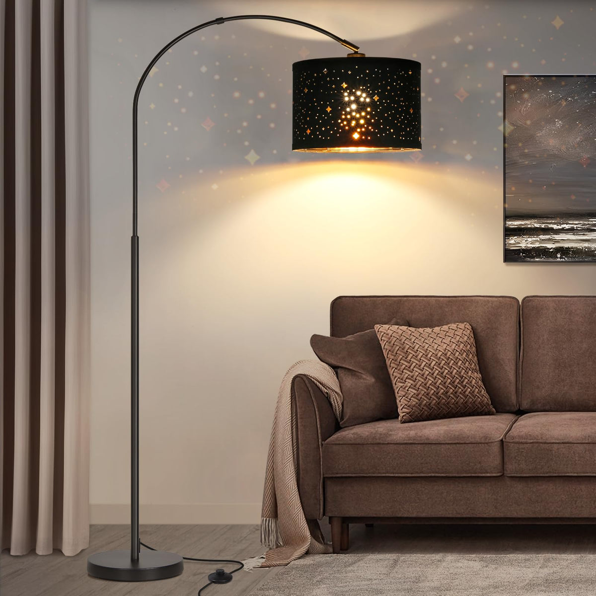 Seaside village Arc Floor Lamps for Living Room, Modern Standing Lamp with Adjustable Hanging Drum Shade, Tall Pole Lamp with Foot Switch, Over Couch Arched Reading Light for Bedroom, Office (Black)