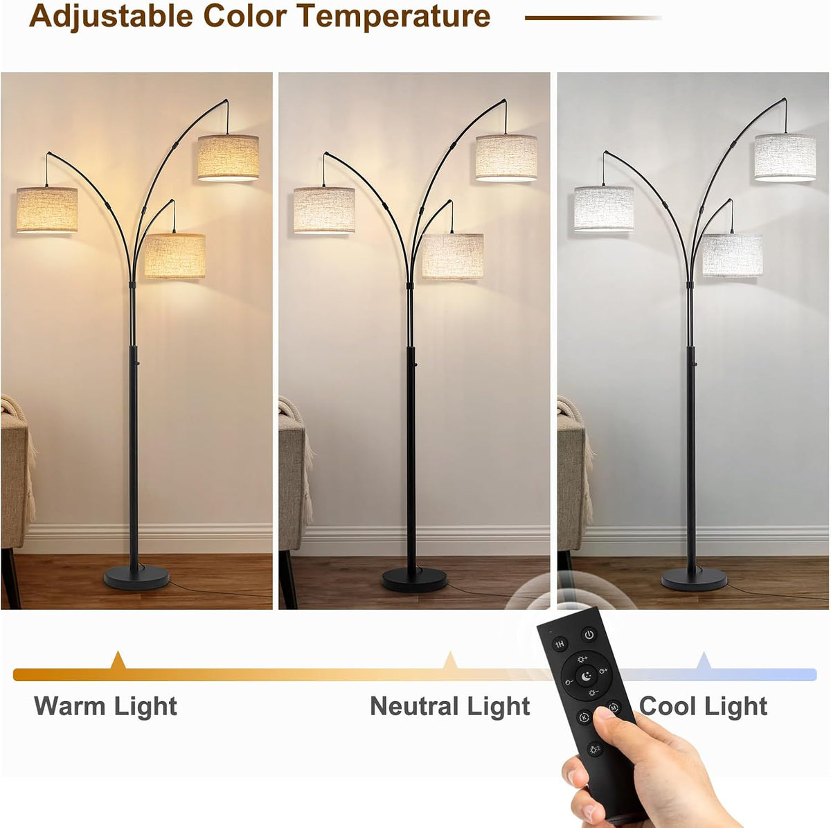 3 Light Arc Floor Lamp with Remote, Beige Shade Black Pole