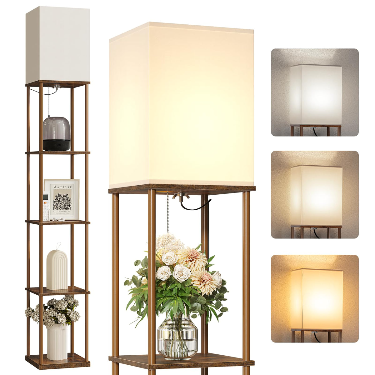 SUNMORY Floor Lamp with Shelves, Standing Lamps for Living Room, Black