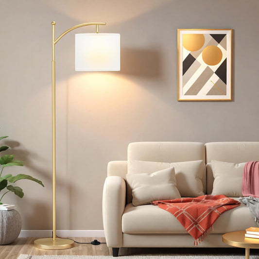 Ambimall 60" Floor Lamp for Living Room with 3 Color Temperatures, Adjustable White Shade with Gold Pole, Tall Lamp for Bedroom Office Classroom Dorm Room, 9W LED Bulb Included