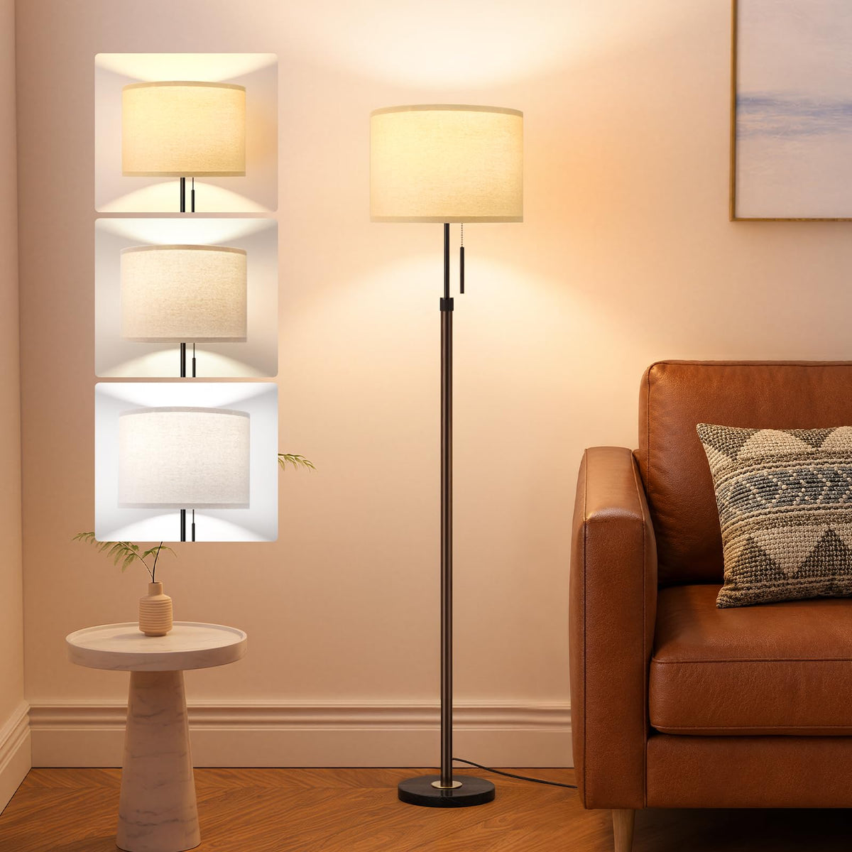 Ambimall 60'' Modern Floor Lamp with Shade, Tall Lamps for Living Room, Bedroom, Office, Dining Room, Beige Shade with Brown Pole(Without Bulb)