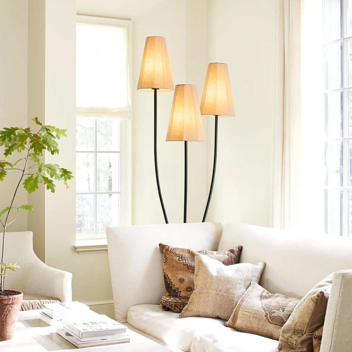ZenGlimmer Artistic Vintage Floor Lamp, 3-Light Standing Lamps with Sculptural Curved Iron Base & Octagonal Linen Shades, Statement Lighting for Living Room, Bedroom, Studio
