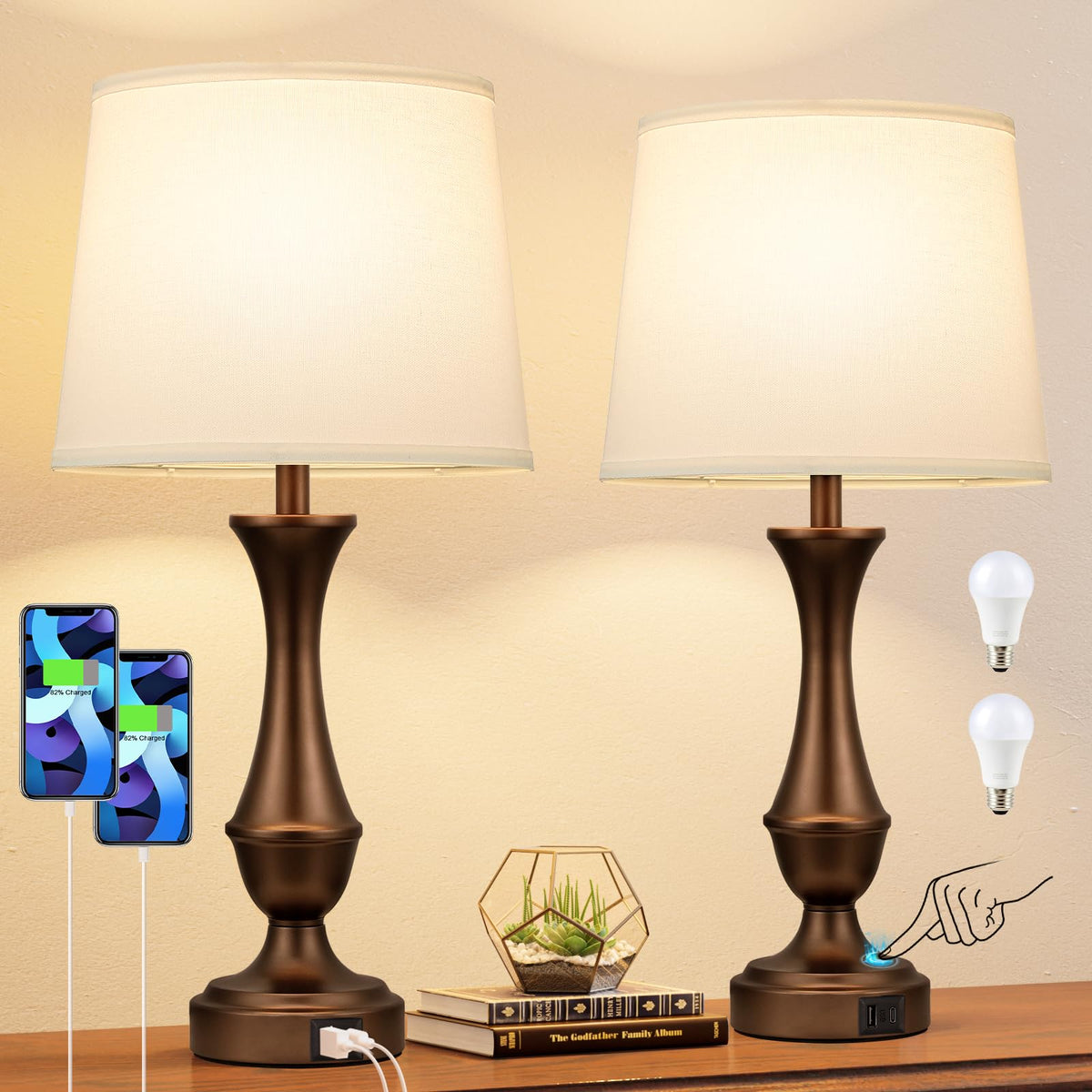 Touch Lamps for Nightstand, 3 Way Dimmable Lamps for Bedroom with USB C+A