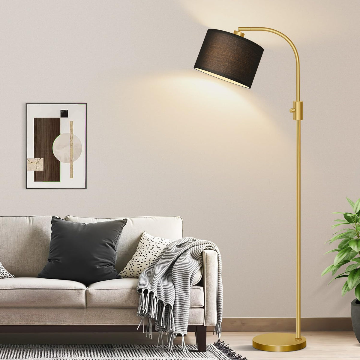 Nintiue Upgraded Modern Arc Dimmable Tall Standing Floor Lamp with Linen Shade, 1200 Lumens LED Bulb Included, for Living & Reading Room, Bedroom, Office & Nursery, Brushed Nickel
